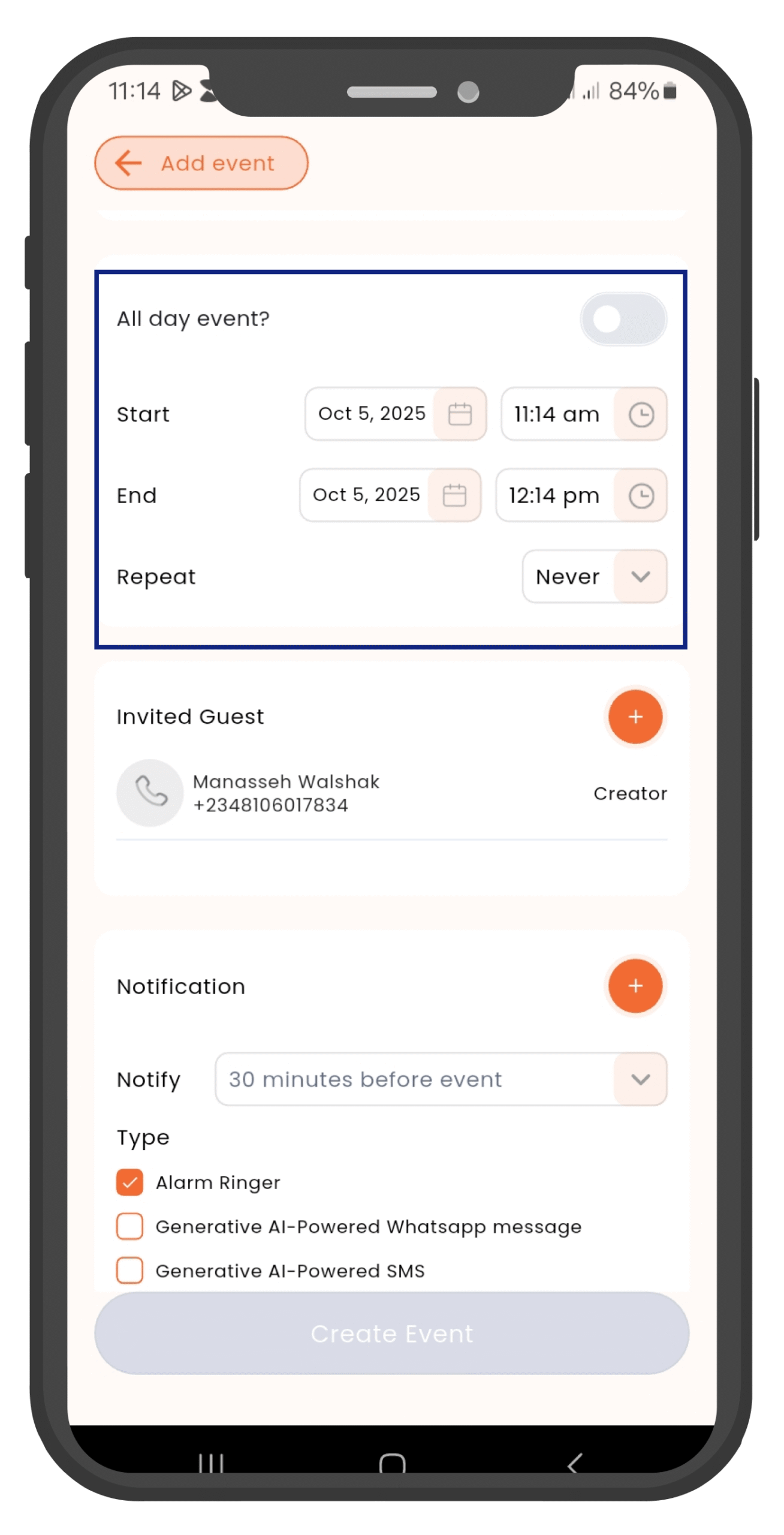 Event Settings Screen